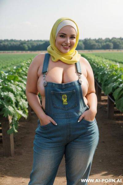Smiling curvy russian brunette chubby wife topless wearing colored hijab and dirty lime yellow overalls and boot in cows farm - ai-porn.ai - Russia on pornintellect.com