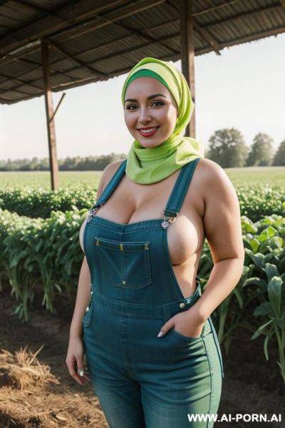 Smiling curvy russian brunette chubby wife topless wearing colored hijab and dirty lime green overalls in farm - ai-porn.ai - Russia on pornintellect.com