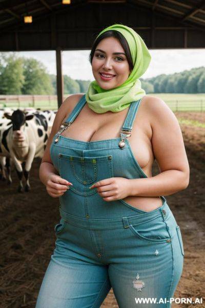 Smiling curvy russian brunette chubby wife topless wearing colored hijab and dirty lime green overalls in cows farm - ai-porn.ai - Russia on pornintellect.com