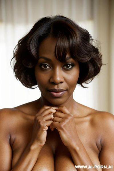 Black ethnicity, dark skin, totally naked, , no bra, show pussy, show nipples, bend over, , very saggy tits, milf , both arms up, unshaved armpits, old milf, short hair - ai-porn.ai on pornintellect.com