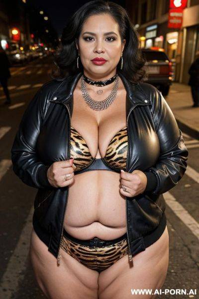 Latina, fat old milf, animal print hooker outfit, lovehandless, soft medium tummy, huge saggy boobs, crop jacket, necklace, chocker, elries, street night, waist shot - ai-porn.ai on pornintellect.com