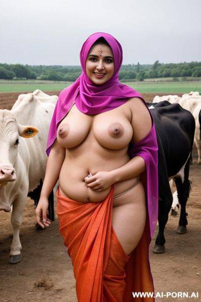 Smiling curvy russian brunette chubby wife topless wearing colored hijab and dirty sari standing in cows farm - ai-porn.ai - Russia on pornintellect.com