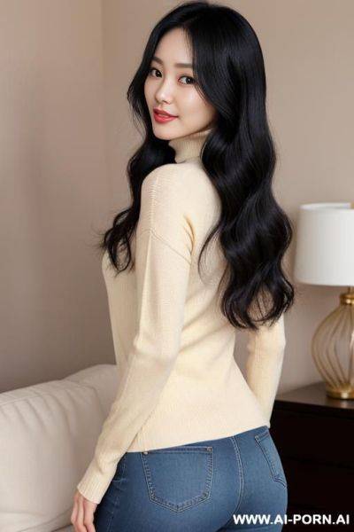 Half-french and half-korean, 1cm , wearing a thick, cream-colored turtleneck sweater, paired with a pair of comfortable, high-waisted, tight-fitting jeans. she has a dainty, delicate frame with a - ai-porn.ai - North Korea - France on pornintellect.com