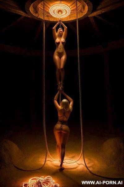 Blonde woman, totally naked, barefoot, in hell, rope bondage, whipped by demon, group of women, dramatic lighting - ai-porn.ai on pornintellect.com