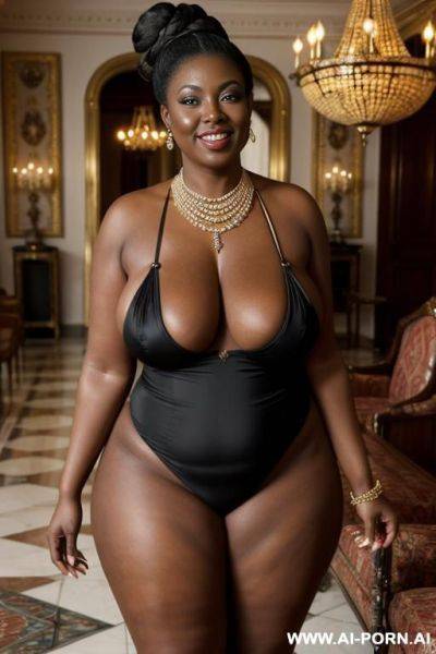 Smiling voluptuous granny with saggy gigantic boobs, dark skin and hair bun, wide hips, totally naked with hairy pussy, fat ass and wide hips, standing, surrounded by granny hooters - ai-porn.ai on pornintellect.com