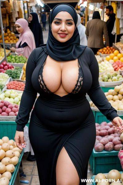Smiling curvy egyptian chubby wife wearing hijab standing opening her clothes flashing boobs in market - ai-porn.ai - Egypt on pornintellect.com