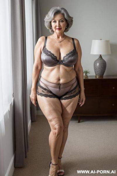 Mature cubby woman, 0 year old grandmother, full body, standing, lady, short gray hair, clearly visible age marks, triangular hips, thick thighs, wearing silk shorts and bra, legs open, living room - ai-porn.ai on pornintellect.com