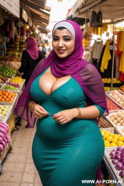 Smiling curvy egyptian chubby wife wearing colored hijab standing opening her clothes flashing boobs in market - ai-porn.ai - Egypt on pornintellect.com