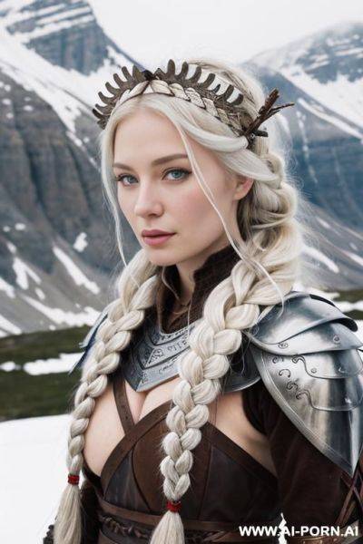 _topless armour, snowy mountain, braided hair, carrying a medieval sword, nordic scenery, flower headress, very white skin - ai-porn.ai on pornintellect.com