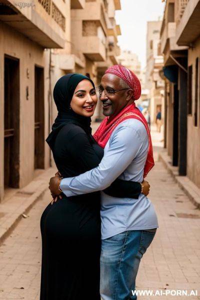 Smiling curvy egyptian thick wife wearing hijab opening her clothes flashing boobs hugging old african man in street - ai-porn.ai - Egypt on pornintellect.com