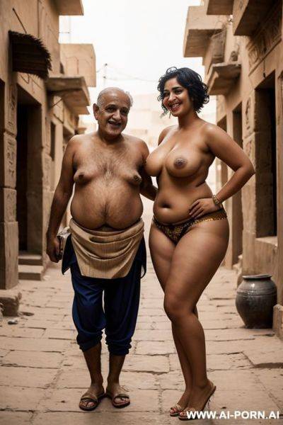 Smiling curvy egyptian chubby with short messy hair wearing sari topless standing with old egyptian man in street - ai-porn.ai - Egypt on pornintellect.com