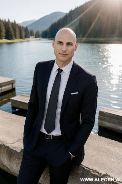 One man in business suit without tie, open blazer, no beard, lighnearly bald, near a lake in the sun - ai-porn.ai on pornintellect.com