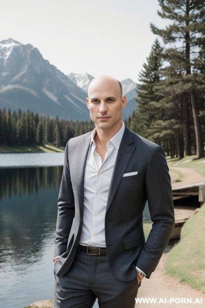One man in casual suit without tie, open blazer, no beard, lighnearly bald, near a lake in the sun - ai-porn.ai on pornintellect.com