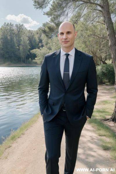 One man in business suit without tie, no beard, lighnearly bald, near a lake in the sun - ai-porn.ai on pornintellect.com