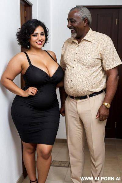Smiling curvy egyptian chubby with short messy hair wearing short tight cup dress standing with old african man - ai-porn.ai - Egypt on pornintellect.com