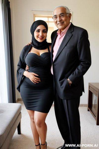 Smiling curvy egyptian chubby with short messy hair wearing hijab and short tight cup dress standing with short old man - ai-porn.ai - Egypt on pornintellect.com