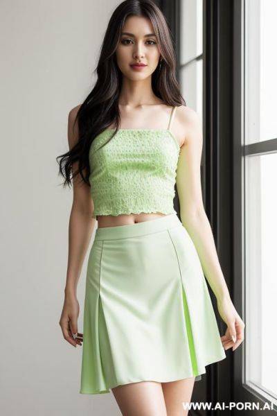 Long hair woman top skirt in lime colors - ai-porn.ai on pornintellect.com
