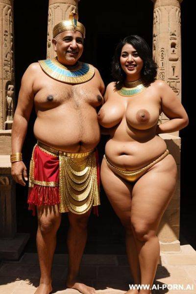 Smiling curvy egyptian chubby with short messy hair wearing pharaohs costume topless standing with old man - ai-porn.ai - Egypt on pornintellect.com