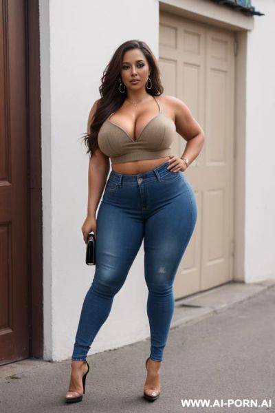 Colombian tanned woman, wear tight jeans, croptop, heels, chubby thighs, croptop, cuddle, woman - ai-porn.ai - Colombia on pornintellect.com