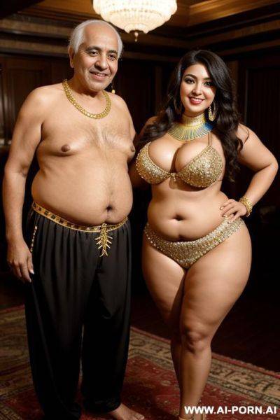 Smiling curvy egyptian chubby with short messy hair wearing belly dancing suit topless standing with old man - ai-porn.ai - Egypt on pornintellect.com