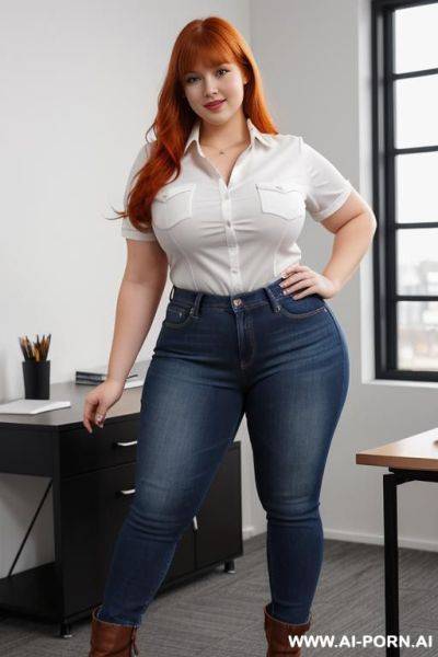 Woman, 20 years old, dutch, fat, white skin, breasts, thick thighs, full body, dynamic angle, standing, ginger hair, bangs, jeans, office shirt, seductive smirk, cleavege, full body photo, boots - ai-porn.ai - Netherlands on pornintellect.com