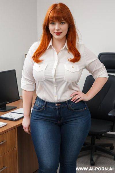 Woman, 20 years old, dutch, fat, white skin, small breasts, thick thighs, full body, dynamic angle, standing, ginger hair, bangs, jeans, office shirt, seductive smirk, cleavege - ai-porn.ai - Netherlands on pornintellect.com
