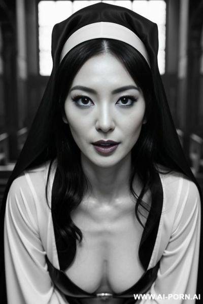 High fantasy nun fucking herself, on knees, ahegao, drooling, lewd, slutty, black and white robes, tits out, abs, blowjob, facial, cum, wet pussy, church, praying, ((full body view)), naughty, dirty, ((3mm film fotography)) - ai-porn.ai on pornintellect.com