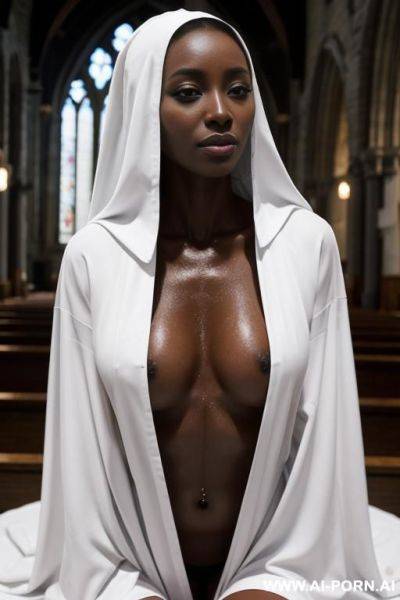 High fantasy nun fucking herself, on knees, ahegao, drooling, lewd, slutty, black and white robes, tits out, abs, blowjob, facial, cum, wet pussy, church, praying, full body view - ai-porn.ai on pornintellect.com