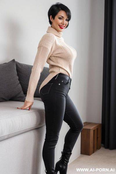 Thirty years, swiss secretary, round face, tight jeans, boots with high heels, tight transparant sweater, seducing the viewer, full body view, hourglass figure, exceptionally pretty, gorgeous, - ai-porn.ai - Switzerland on pornintellect.com