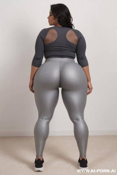 Back view chubby hot milf with big ass full body, big fat ass, wears gray leggings with open legs - ai-porn.ai on pornintellect.com