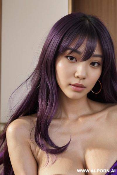 Realistic, direct effect, lovingly picaresque japanese model, flowing wavy purple hair, closeup in luxurious clothes, she is tanned, inspired by real-life sei-ra sodes-hiro, - ai-porn.ai - Japan on pornintellect.com