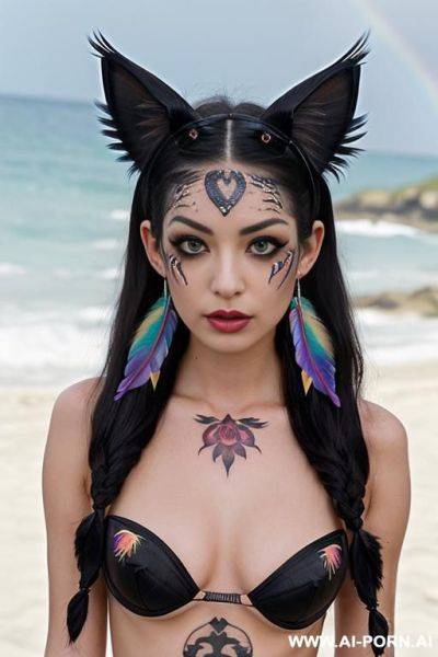 Long black twintails, face, sexy, beautiful, ((face painting)), ((bikini as seashell)), ((tattoo roses)), ((eyes shw)), ((angel wings)), ((rainbow hair)), ((long bu hair)), ((wind)), (( cat face)), (( - ai-porn.ai - Japan on pornintellect.com