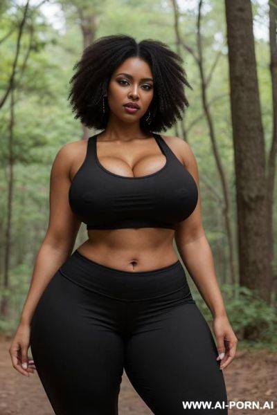 Huge boobs, gigantic boobs, afro, milf, in forest, bimbo, black hair, sexy afro woman, looking at the viewer angrily, large boobs, black gym pants, gigantic boobs, wide waist, thick thighs - ai-porn.ai on pornintellect.com