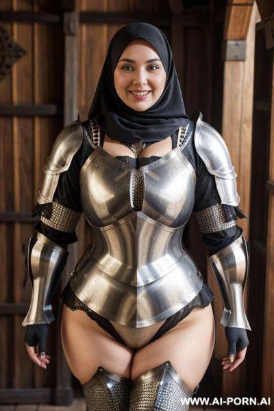 Smiling curvy russian brunette chubby wife wearing hijab and panties standing - ai-porn.ai - Russia on pornintellect.com