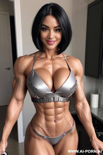 ((new housewife)) extremely beautiful face, ideal facial ratios, perfect bombshell, clean sided bob hair, perfect breasts, alluring and loving eye contact, soft suggestive smile ((shredded physique, - ai-porn.ai on pornintellect.com