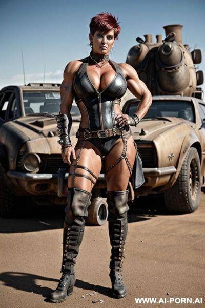 Mature woman. toned. tanned. bracelet, thigh chain. short punk hairstyle with shaved sides. bulging oversized tits. leather shoulder pad. mad max. fallout. ruined city in background. holster. city ruins. - ai-porn.ai on pornintellect.com