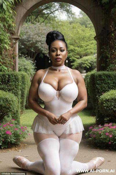 A ebony mature woman, thick chubby body, massive tits, hard nipples, (((submissive face))), (((masturbating herself))), kneeling choker - ai-porn.ai on pornintellect.com