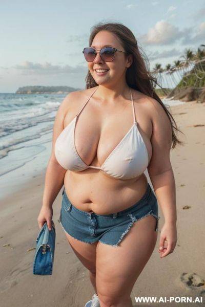 Thick arms, bbw, fat, denim skirt, white bikini top, sneakers, swimsuit, shortstack, legs apart, highly detailed skin, beach, happy face, smiling, big purse, sunglasses, modeling, beach, side view, - ai-porn.ai on pornintellect.com