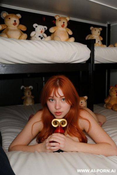 ((ginger) (bell shaped breasts)) (laying on bunk bed) (legs spread) (head on pillow) (touching pussy) (surrounded by stuffed animals) - ai-porn.ai on pornintellect.com