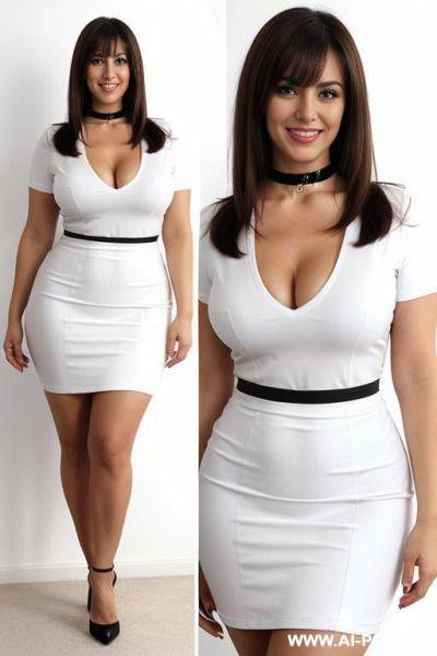 Wide hips, thick thighs, micro skirt, choker, high heels, stand up, standing, white background - ai-porn.ai on pornintellect.com