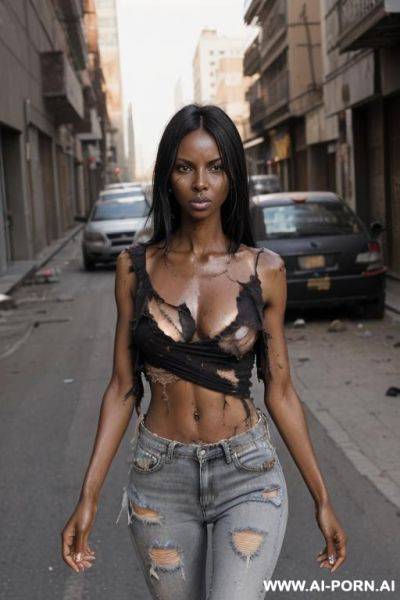 ((black hair)) ((messy dirty hair)) ((angry face)) ((running)) ((ripped clothes)) ((dirty clothes)) ((dirty body)) ((city street)) ((ripped open shirt)) ((bare feet)) ((braless)) - ai-porn.ai on pornintellect.com