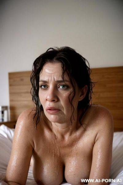 Wet moist damp disheveled hair sleepy rolling eyes disoriented confused reclining shocked stunned in bed - ai-porn.ai on pornintellect.com