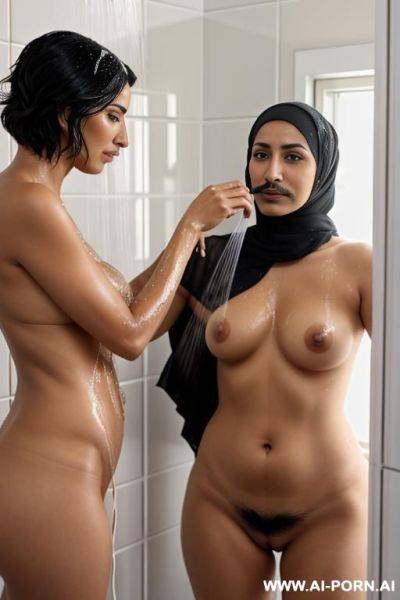 Tall hairy lesbian arab milf with a mustache wearing only hijab seductively taking a shower with a arab woman with a hairy pussy and short hair naked - ai-porn.ai on pornintellect.com