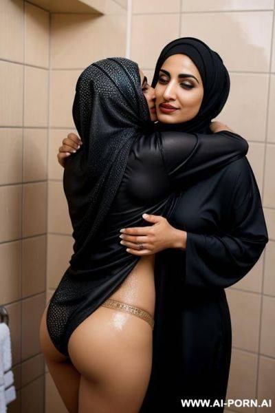 Seductive lesbian arab milf with a mustache wearing a hijab hugging arab woman with short hair from behind while taking a shower - ai-porn.ai on pornintellect.com