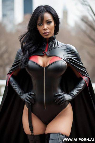 ((keep body)) wearing cape, wearing blue body suit, long sleeves, tall black boots, - ai-porn.ai on pornintellect.com
