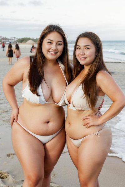Standing, two womans, crowded beach, wind in hair, windswept hair, thick arms, long hair, thick arms, bbw, shortstack, highly detailed skin, beach, happy face, smiling, beach, looking at viewer, - ai-porn.ai on pornintellect.com
