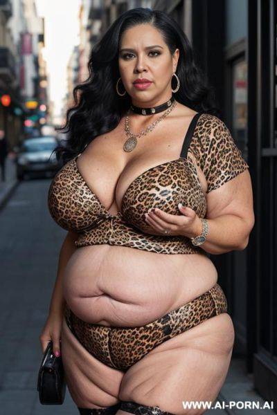 Latina, fat old milf, animal print hooker outfit, lovehandless, soft medium tummy, huge saggy boobs, necklace, choker, elries, street night, waist shot - ai-porn.ai on pornintellect.com