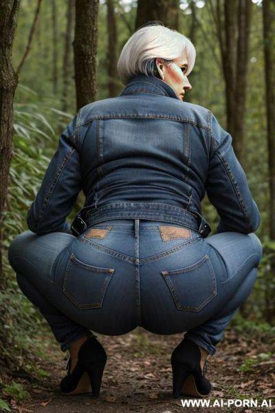 German mature woman, jacket jeans, squatting in underbrush, , backview - ai-porn.ai - Germany on pornintellect.com
