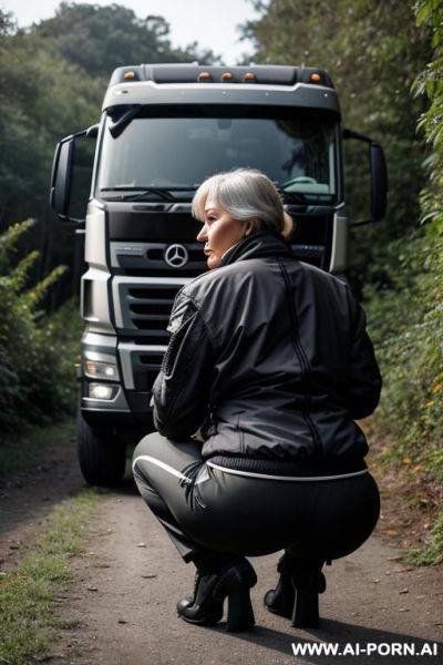 German mature woman, jacket pants, squatting in underbrush behind trucks, backview - ai-porn.ai - Germany on pornintellect.com