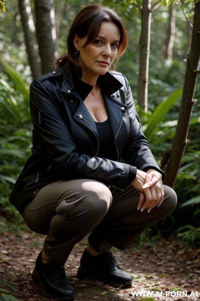 French woman, jacket pants, squatting in underbrush - ai-porn.ai - France on pornintellect.com